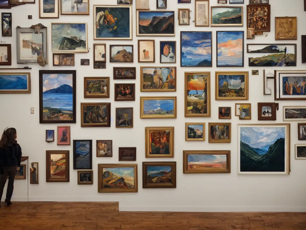 Prompt: a gallery wall filled with paintings depicting a painting of a painting of a painting of a painting of a painting