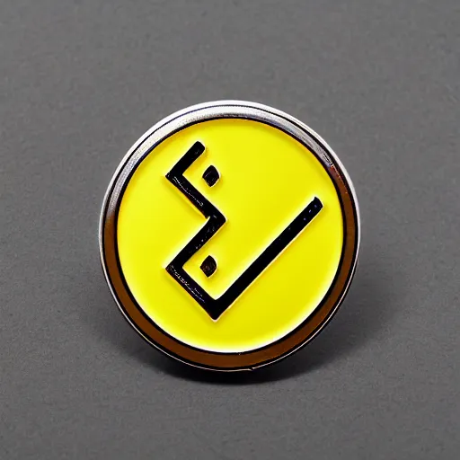 Prompt: an enamel pin depicting an exclamation warning label, smooth curves