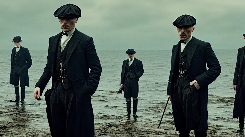 Image similar to the peaky blinders shrimps coming out of the ocean film still from the movie directed by denis villeneuve with art direction by zdzis