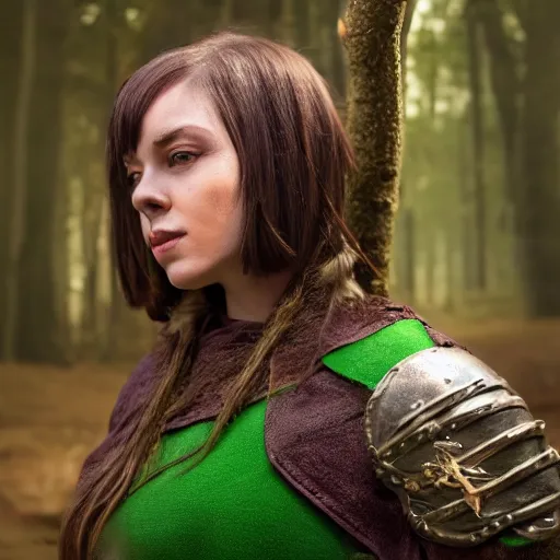 Image similar to anya charlota as a medieval fantasy wood elf, dark purplish hair tucked behind ears, wearing a green tunic with a fur lined collar and brown leather armor, wide, muscular build, scar across nose, one black, scaled arm, cinematic, character art, digital art, forest background, realistic. 4 k