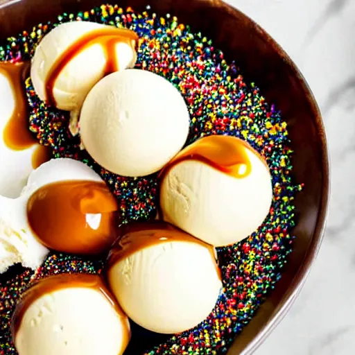 Image similar to closeup of a bowl with three balls of vanilla ice cream with caramel sauce and colorful sprinkles. Highly detailed.