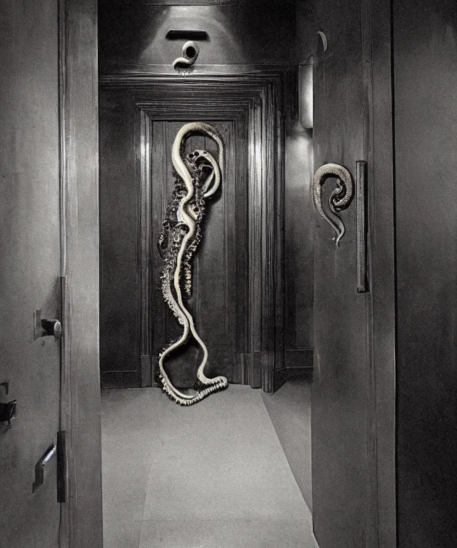 Image similar to horrifying full color photorealistic image of a 1 9 2 5 hotel elevator lobby, elevator doors look like a mouth, with a tentacle - shaped tongue, licking out, dark, atmospheric, brooding, smooth, finely detailed, cinematic, epic, in the style of lee gibbons