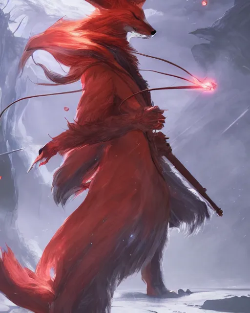 Image similar to Kitsune Fox Sorcerer, nine tails, magic the gathering artwork, D&D, fantasy, cinematic lighting, centered, symmetrical, highly detailed, digital painting, artstation, concept art, smooth, sharp focus, illustration, volumetric lighting, epic Composition, 8k, art by Akihiko Yoshida and Greg Rutkowski and Craig Mullins, heroic pose, oil painting, cgsociety, Tree Woodland atmosphere