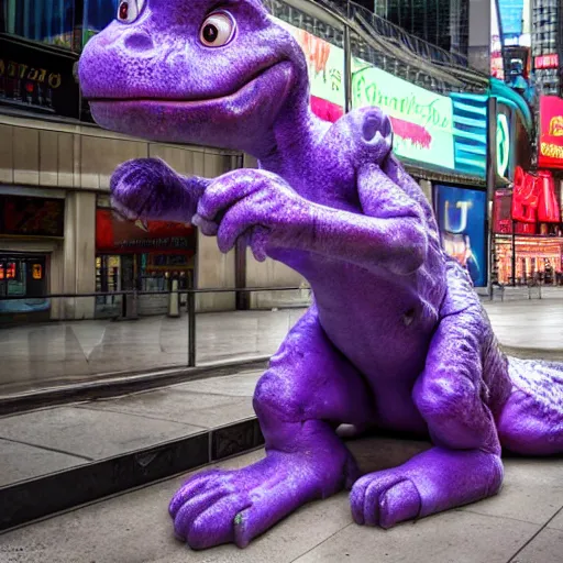 Image similar to barney the dinosaur homeless begging for fentanyl in times square, ultra detailed, 8 k, photorealism, rule of thirds, cracked textures.