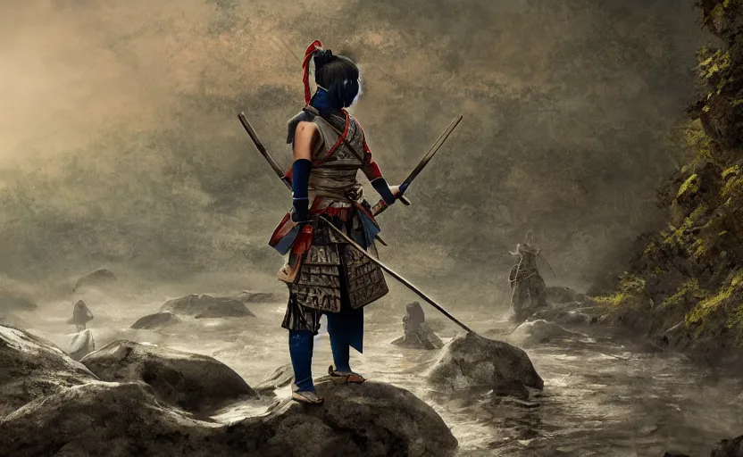 Image similar to highly detailed digital illustration of native japanese woman shinobi warrior standing in wet japanese battlefield from sengoku period, surrounded by dense rock formations, high in mountains, blue night, cinematic lighting, photobash, raytracing, volumetric lighting