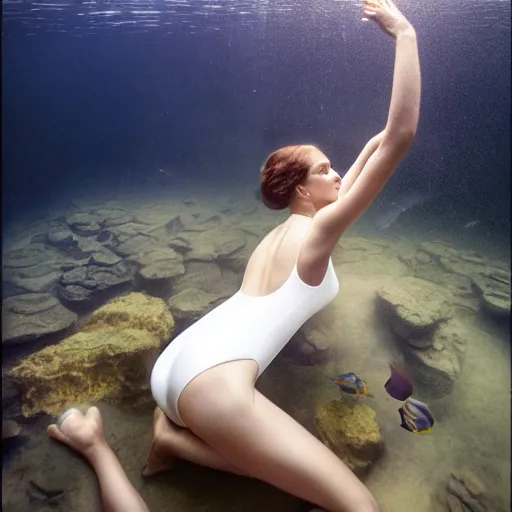 Image similar to portrait photo by mort kunstler and annie leibovitz and monia merlo, a beautiful symmetrical perfect woman in an irridescent one piece swimsuit completely covered in a sheer flowing long white sheet floating in the center of an aquarium, backlit, 4 d, 4 k, volumetric lighting, photorealistic, light ray, hyperdetailed