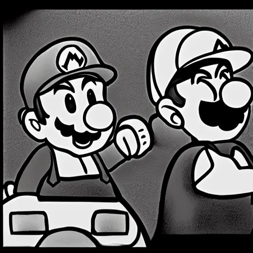 Image similar to mario and luigi chasing walter white in the mushroom kingdom, realistic, black and white