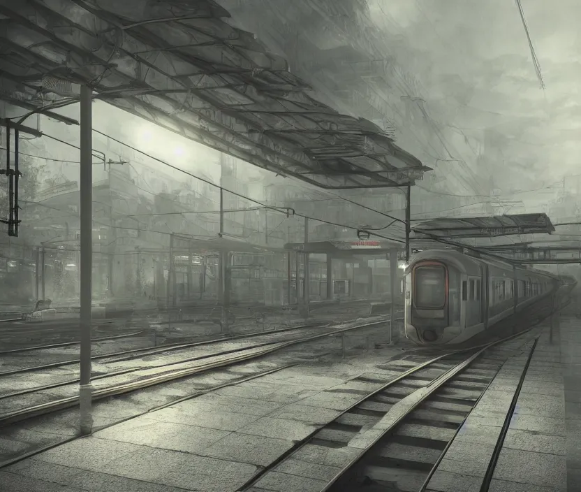 Prompt: A urban train station, gloomy and foggy atmosphere, octane render, artstation trending, horror scene, highly detailded