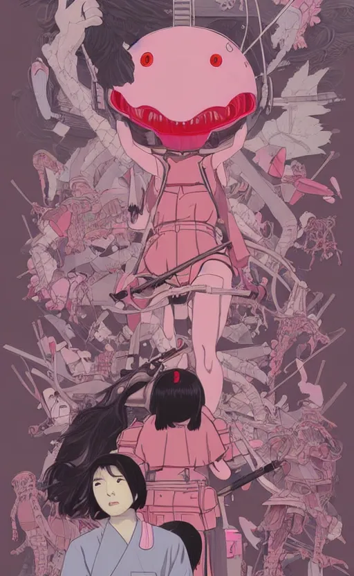 Prompt: Artwork by James Jean, Phil noto and hiyao Miyazaki ; (1) a young Japanese future samurai police lady named Yoshimi battles an (1) enormous evil natured carnivorous pink robot on the streets of Tokyo; Japanese shops and neon signage; crowds of people running; Art work by Phil noto and James Jean and studio ghibli
