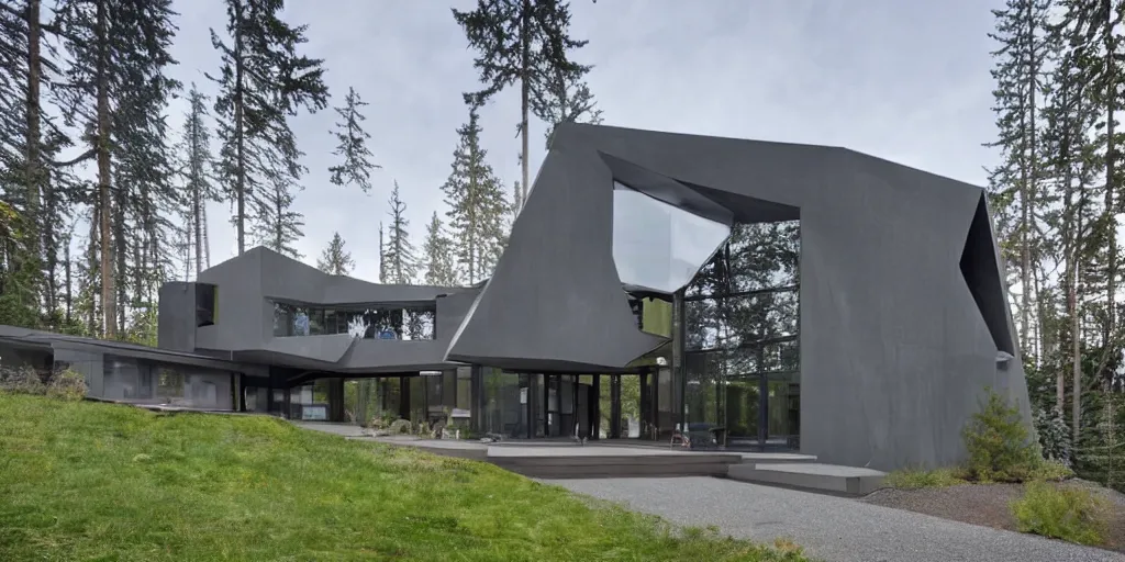 Prompt: large futuristic residence, pacific northwest, gray concrete, large windows, angular features, incorporating metal