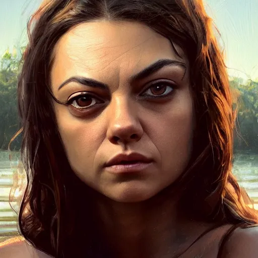 Image similar to winking mila kunis closeup portrait, dramatic light, lake background, 2 0 0 mm focal length, painted by stanley lau, painted by greg rutkowski, painted by stanley artgerm, digital art, trending on artstation