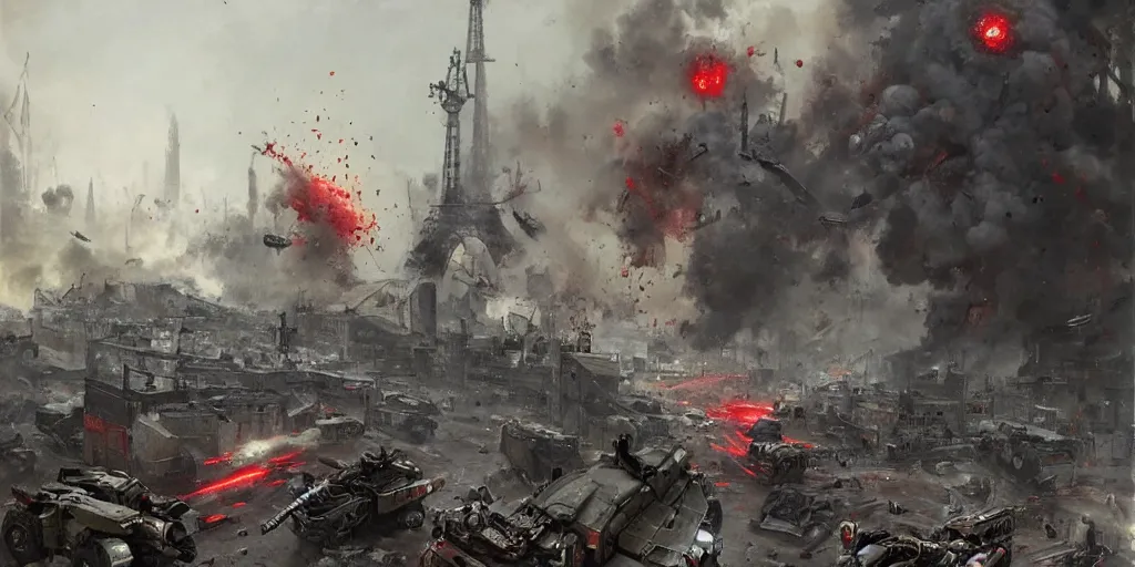 Image similar to giant alien robots terrorise streets of ww ii paris and attack french soldiers and civilians, detailed painting, intense heavy street battle, bullet hell, pile of bodies, artillery bombings, blood on the streets, art by greg rutkowski and jakub rozalski