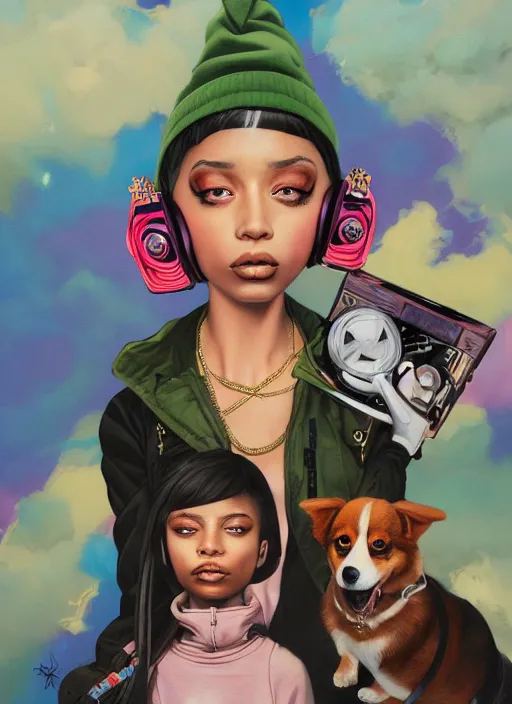 Image similar to beautiful portrait painting of a hiphop lofi cyberpunk princess girl and her corgi chilling to Lofi hiphop, by Afarin Sajedi, Alessandro Barbucci, Alex Gross, WLOP, Shohei Otomo, Josan Gonzalez, Kieron Gillen. trending on Artstation, 8k, masterpiece, face enhance, graffiti paint, fine detail, full of color, intricate detail, golden ratio illustration