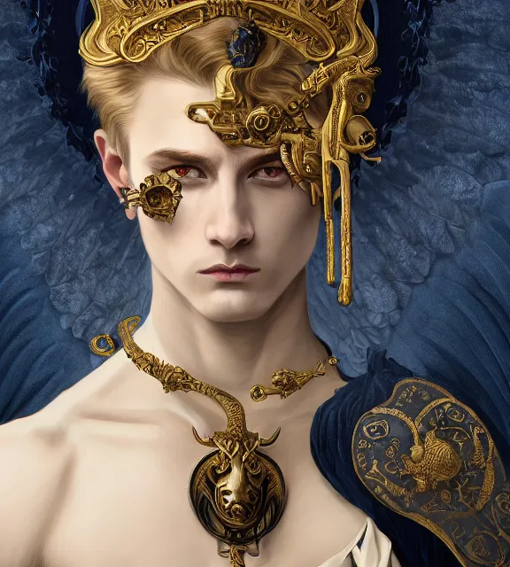 Image similar to portrait of a god of death, young male, in the underworld, elegant dark blue dress, very detailed, throne, very intricate details, jewelry, gold eyes, elaborate long black hairstyle, wings, cinematic, artstation, william bouguereau, rule of thirds, alphonse mucha, greg rutkowski, rossdraws, octane render