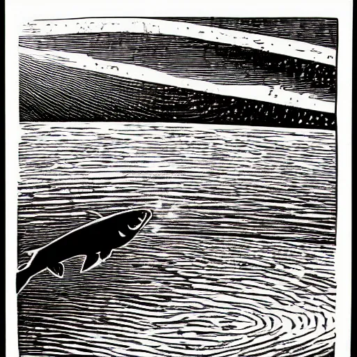 Image similar to linoprint of a salmon breaking ice on the river ex libris