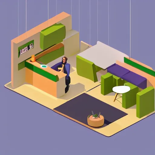 Prompt: isometric cartoon of cannabis leaf cafe with desks and chairs, by benoit mandelbrot, low poly minimal interior design