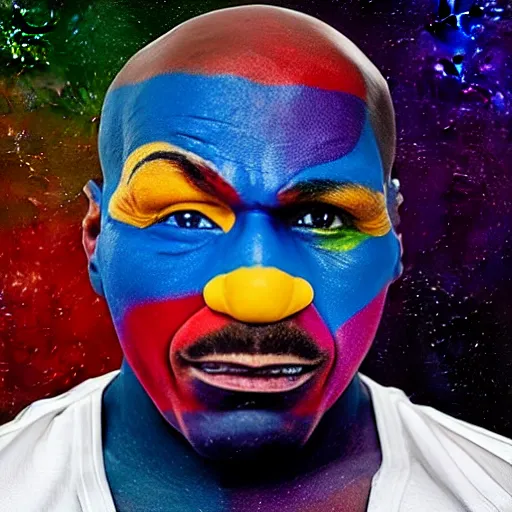 Prompt: UHD photorealistic Cosmic Mike Tyson wearing a clown costume with real clown makeup in the style of tonalism