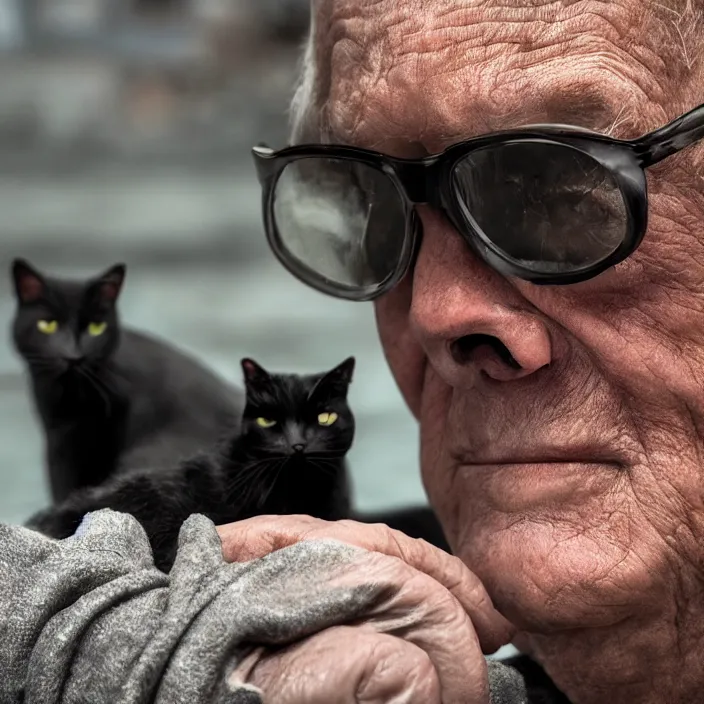 Image similar to cinematic movie close up shot, background blur bokeh, old man sitting with black cat watching nuke explosion close up!, world ending nuke, 4 k