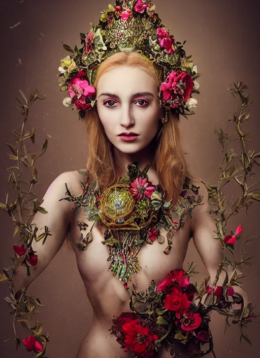 Image similar to full body environmental portrait photo of heart evanglista, ornate headpiece made from flowers, ornaments, glamour shot by gemmy woud - binnendijk, chris knight, photorealistic, canon r 3, fashion photography, ornate, symmetrical features, octane render, unreal engine, solid dark background, clamp shell lighting, rim lighting