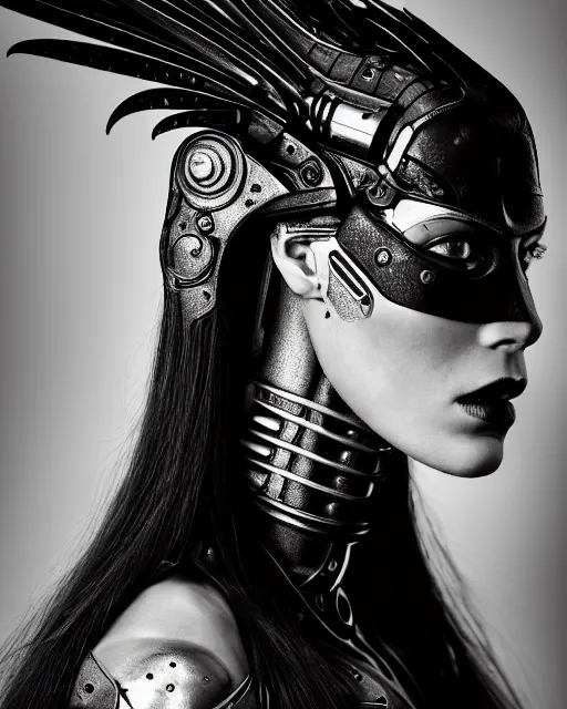 Image similar to a profile portrait, a stunning young woman - cyborg with a mutant crow head, editorial photography, bw, by roman sustov, by hr giger, shot on 7 0 mm, depth of field, f / 2. 8, high contrast, 1 6 k, volumetric lighting, shiny, insanely detailed and intricate, hypermaximalist, elegant, ornate