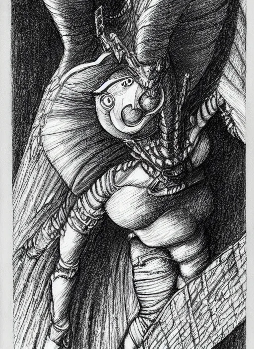 Image similar to line art pencil drawing of medieval half insect half woman chimera, very exaggerated fisheye perspective, art by shinichi sakamoto and kentaro miura