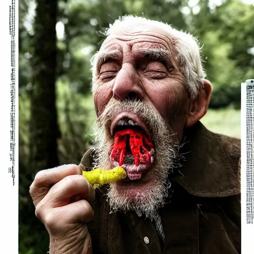 Image similar to National Geographic photo of angry old man with spiders in his mouth