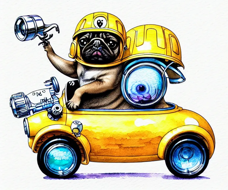 Image similar to cute and funny, pug wearing a helmet riding in a tiny hot rod with oversized engine, ratfink style by ed roth, centered award winning watercolor pen illustration, isometric illustration by chihiro iwasaki, edited by range murata, symmetrically isometrically centered