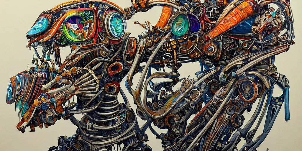 Image similar to a beautiful painting of robot by aaron horkey, trending on artstation, skeleton, colorful