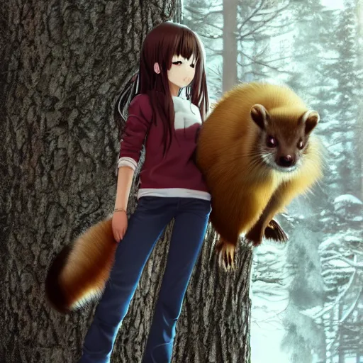 Image similar to realistic anime woman holding a pine marten, high quality, beautiful anime girl, octane render, trending on artstation