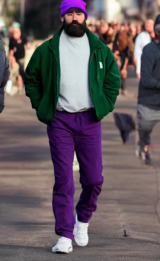 Prompt: a man of caucasian appearance with a chin - style dark brown beard without mustache in a full black cap, green jacket, purple pants and white sneakers in full height, perfect face, blac hat