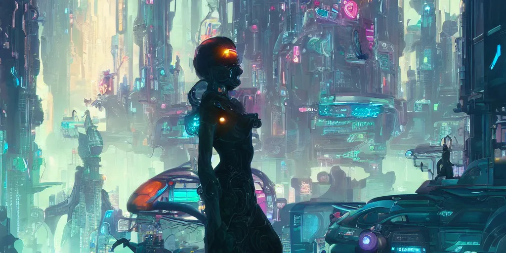 Prompt: a detailed concept art of a cyberpunk woman in the foreground against the background of an futuristic neon city, artstation, by Peter Mohrbacher, Art Nouveau, sophisticated, Unreal engine, intricate
