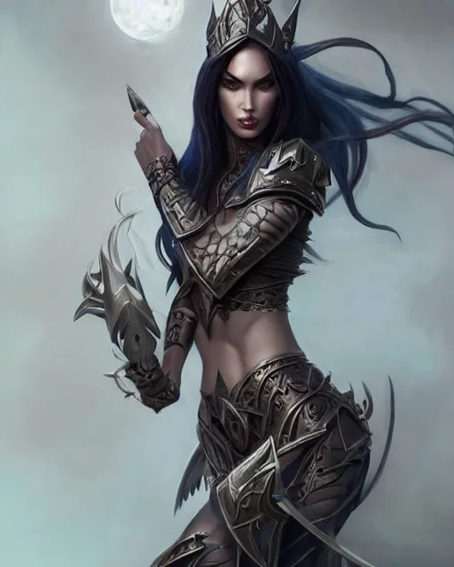 Prompt: megan fox dark elf princess, highly detailed, d & d, fantasy, highly detailed, digital painting, trending on artstation, concept art, sharp focus, illustration, global illumination, shaded, art by artgerm and greg rutkowski and fuji choko and viktoria gavrilenko and hoang lap