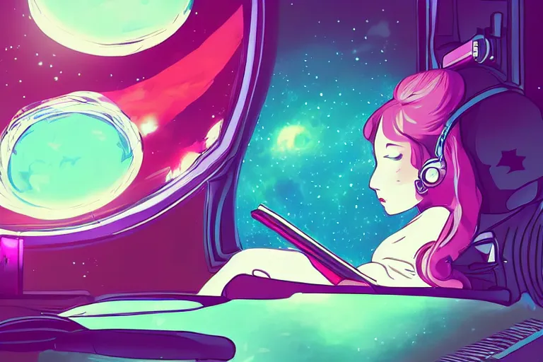 Image similar to a beautiful girl reading a book in space, lofi, anime, digital art, neon, synthwave,