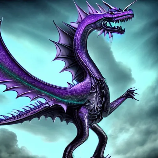 Image similar to a 128 foot tall elegant female silver western dragon with purple accents, having a 360 foot long wingspan; The scales smooth and streamlined, while having a sleek and sharp crest; two eyes bright blue; the snout sharp and pointed, yet sleek and elegant; close-up bust, high quality 16k digital art, deviantart, furaffinity