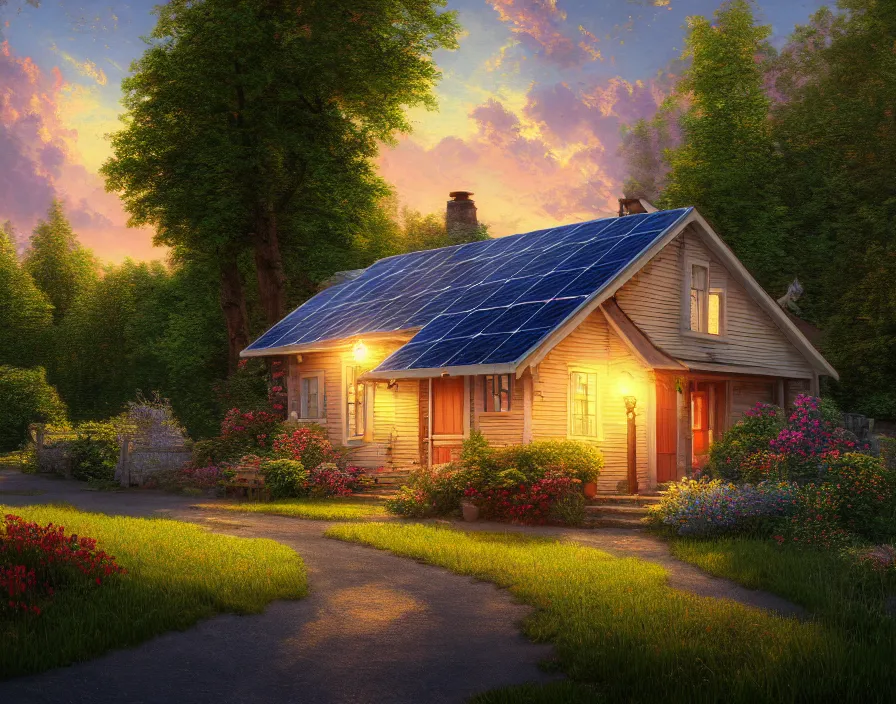 Prompt: idyllic cottage, 1950s, by Asher Durand. solar power, intricate artwork, octane render, cinematic, hyper realism, sunrise, thomas kinkade, octane render, 8k, depth of field, bokeh. iridescent accents. vibrant.