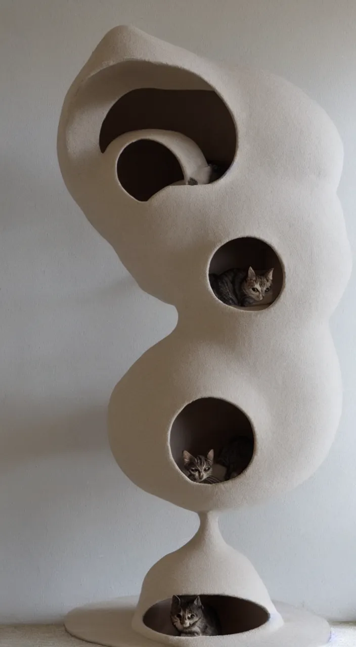 Prompt: a cat tower in the shape of a womb in the style of Le corbusier , almond shaped tunnel , cloud couch, engineering drawing