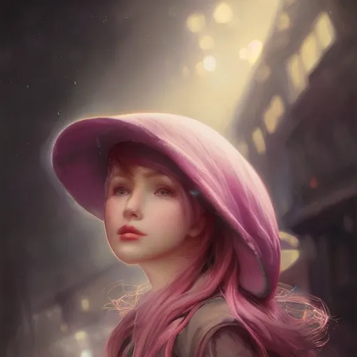 Image similar to a photorealistic dramatic fantasy render of a pink coloured haired young girl with a black wool street hat on her head by wlop, artgerm, greg rutkowski, alphonse mucha, beautiful dynamic dramatic dark moody lighting, shadows, cinematic atmosphere, artstation, concept design art, octane render, 8 k