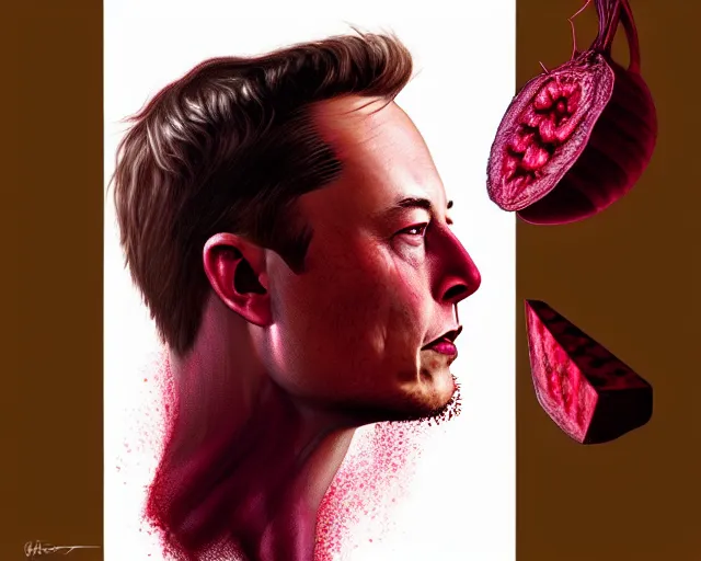 Image similar to elon musk in the image of beetroot, with burgundy skin, deep focus, d & d, fantasy, intricate, elegant, highly detailed, digital painting, artstation, concept art, matte, sharp, illustration, art by artgerm and greg rutkowski and alphonse mucha