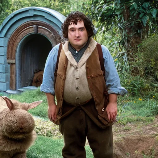 Image similar to clean shaven pudgy British lad with short curly dark brown hair as a hobbit wearing a white men's crossbody sling chest bag and blue vest standing next to a giant rabbit, high resolution film still, movie by Peter Jackson