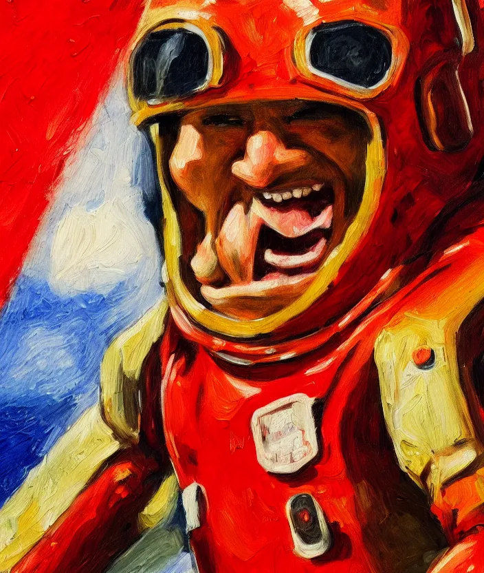 Prompt: a close up portrait painting of a man in a red astronaut suit, screaming and sad, highly detailed, face close up, aesthetic stars in the background, in the style of edward hopper, fine brush strokes, 4 k,