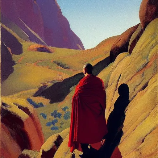 Prompt: sienna portrait of the astute monk crimson and sienna robe ascending the mountain to the monastery paro taktsang jamie wyeth james gilleard edward hopper oil painting