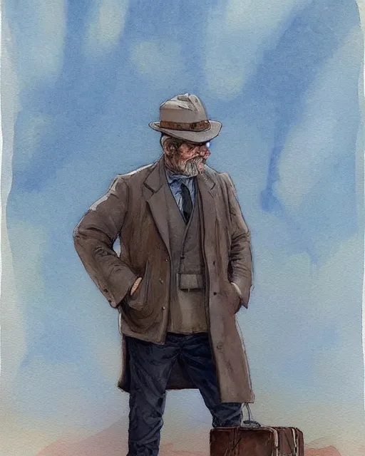 Prompt: a oil / watercolor painting full body character portrait of a railroad astronomer in the style of moebius in the style of leonard boyarsky trending on artstation deviantart pinterest detailed realistic hd 8 k high resolution