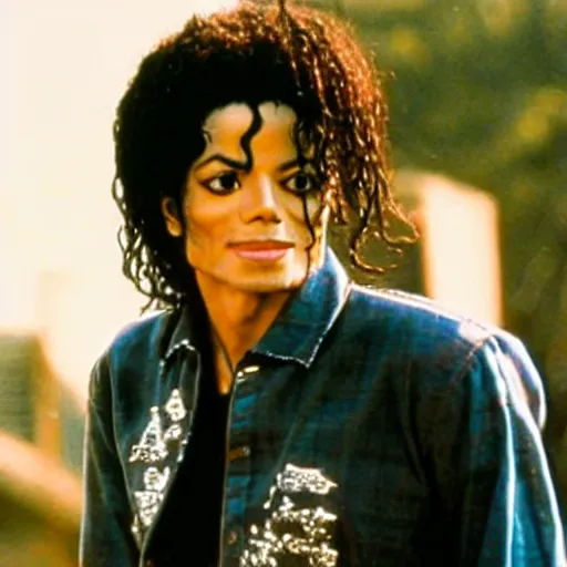 Image similar to A film still of Michael Jackson wearing a shirt with a the words OTF realistic,detailed