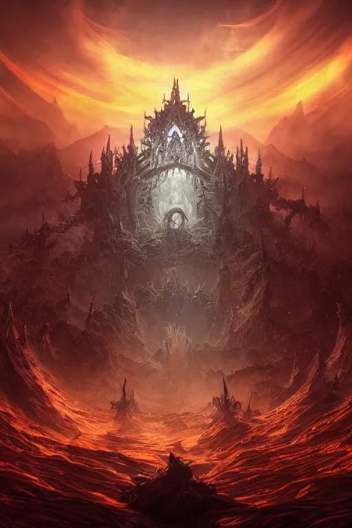 Image similar to an ultra detailed 3 d render of the final empress an elden ring boss, epic anime fantasy, 8 k, in the style of a fantasy metal album cover and magic the gathering, volumetric lighting, smooth, highly detailed, digital illustration, octane render, art by albert bierstadt and greg rutkowsi, artstation