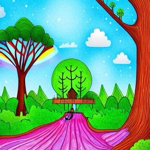 Image similar to : forest park with a tree house after it rained earlyin the morning rainbowin the sky, illustration art style