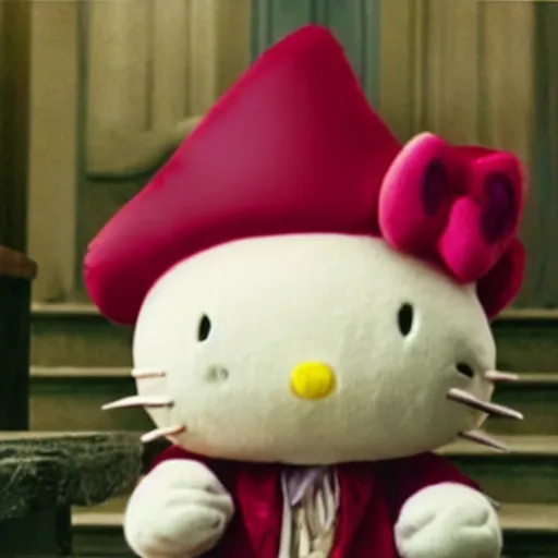 Prompt: portrait of laughing Gandalf dressed up as hello kitty, movie still from Lord of the Rings