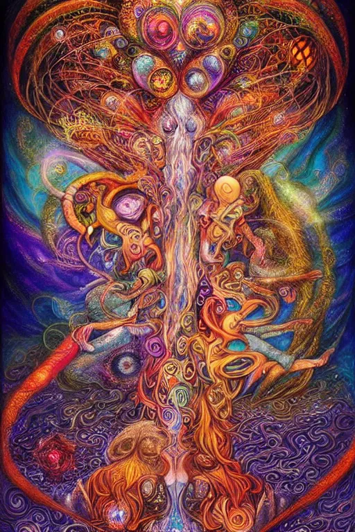 Image similar to two psychedelic shamans intertwined in a cosmic entanglement by Josephine Wall and Daniel Merriam, Artstation