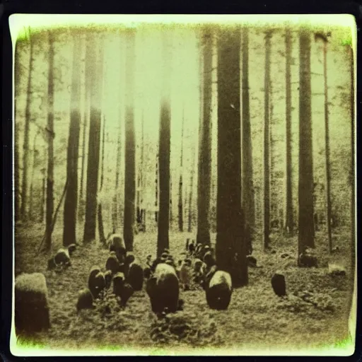 Prompt: a polaroid image of monsters gathering in the forest, grainy