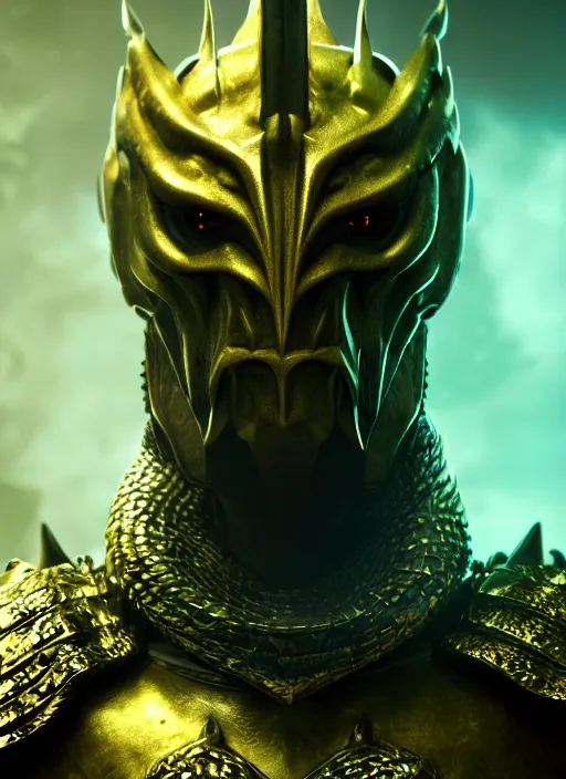 Image similar to portrait of a dragonborn hero, golden scales and green eyes, perfect facial symmetry + dim volumetric lighting, 8k octane beautifully detailed render, post-processing, extremely hyperdetailed, intricate, epic composition, grim yet sparkling atmosphere, cinematic lighting + masterpiece, trending on artstation