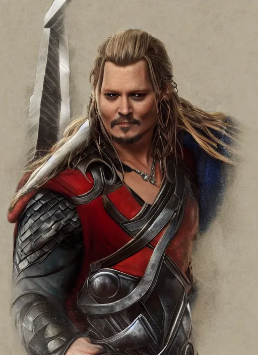 Image similar to johnny depp as thor, naturel, hyper detailed, digital art, trending in artstation, cinematic lighting, studio quality, smooth render, unreal engine 5 rendered, octane rendered, art style by klimt and nixeu and ian sprigger and wlop and krenz cushart